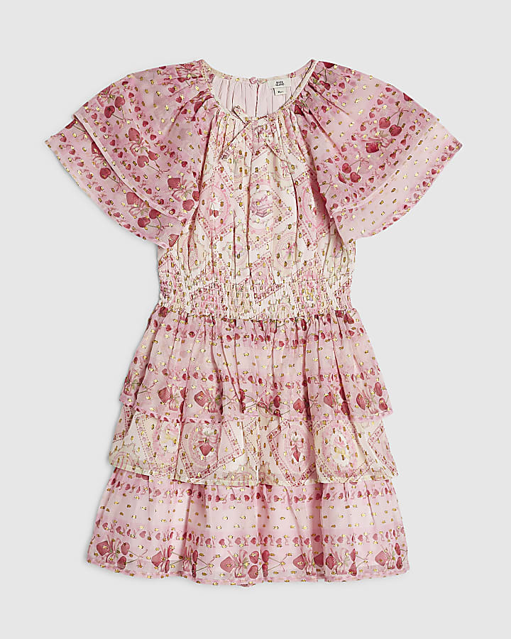 Girls Pink Cherry Lace Chiffon Dress