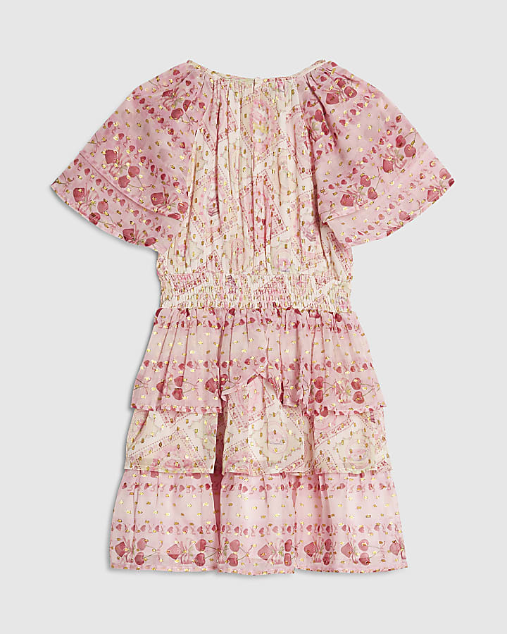 Girls Pink Cherry Lace Chiffon Dress