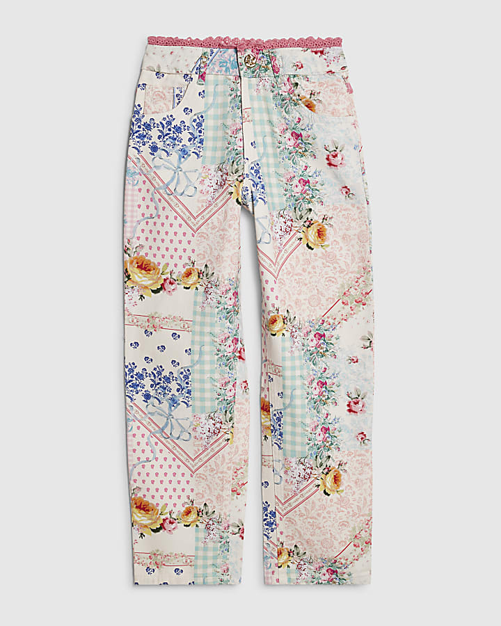 Girls Pink Patchwork Straight Leg Jeans