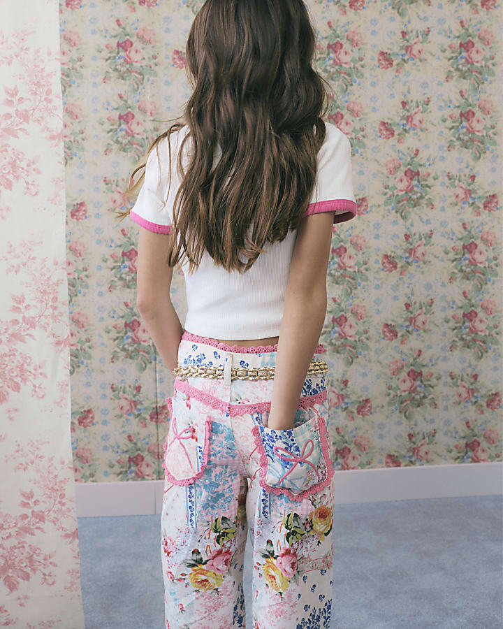 Girls Pink Patchwork Straight Leg Jeans