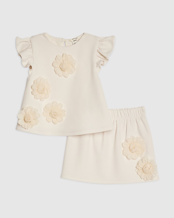 Mini Girls Beige 3D Rosette Skirt Set
