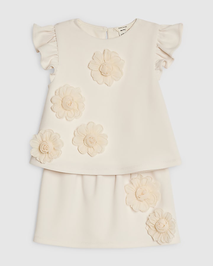 Mini Girls Beige 3D Rosette Skirt Set