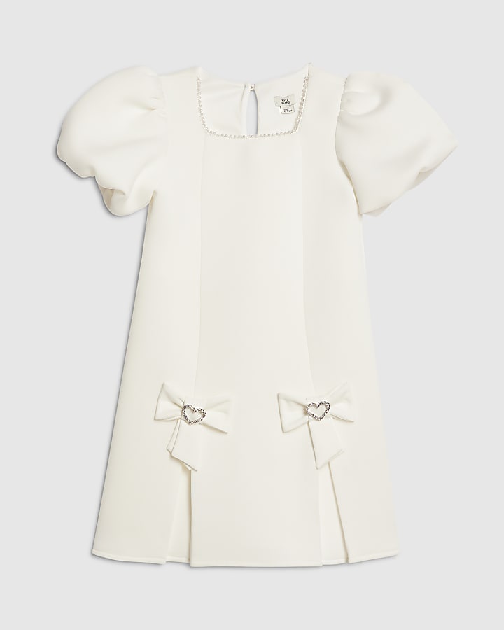 Girls Cream Bow Hem Puffy Sleeve Dress