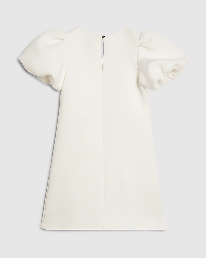 Girls Cream Bow Hem Puffy Sleeve Dress
