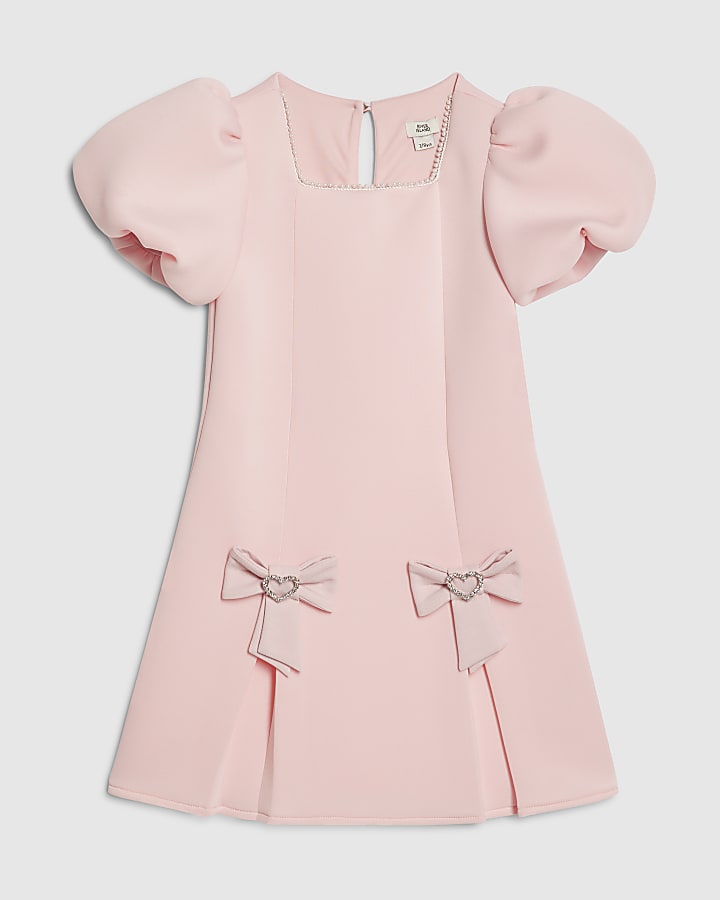 Girls Pink Bow Hem Puffy Sleeve Dress