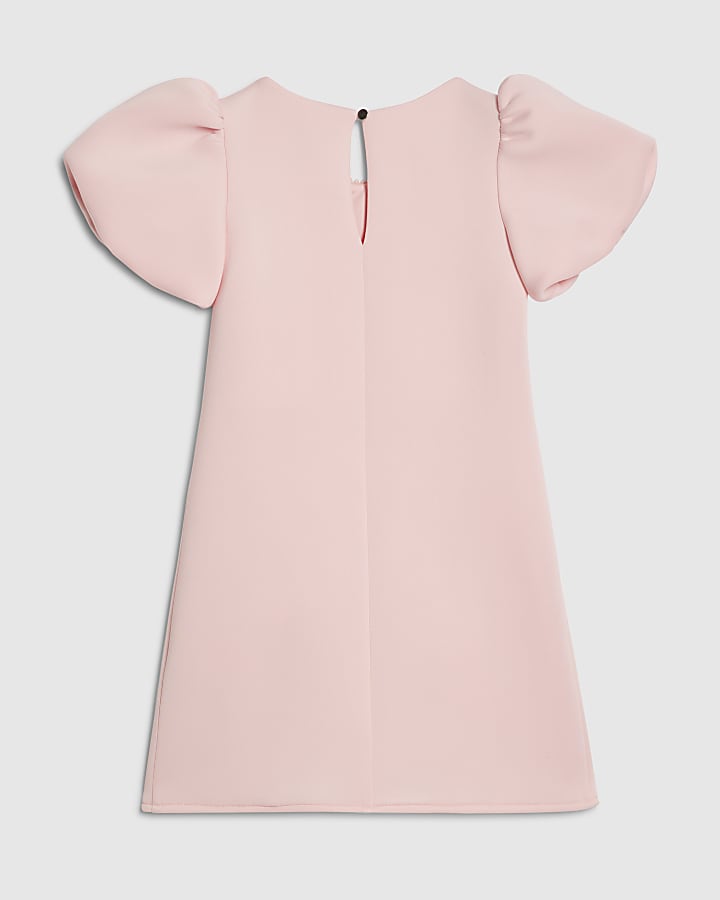 Girls Pink Bow Hem Puffy Sleeve Dress