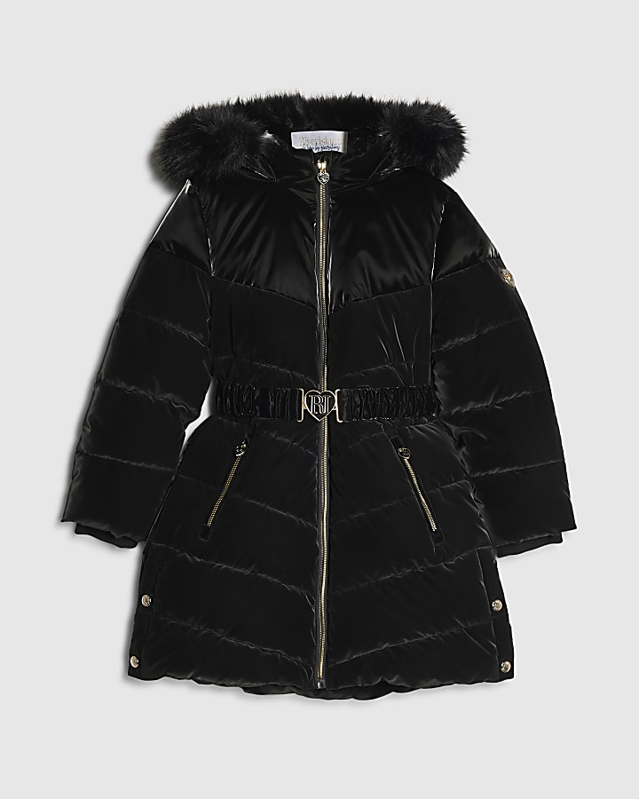 Girls Black Longline Padded Coat