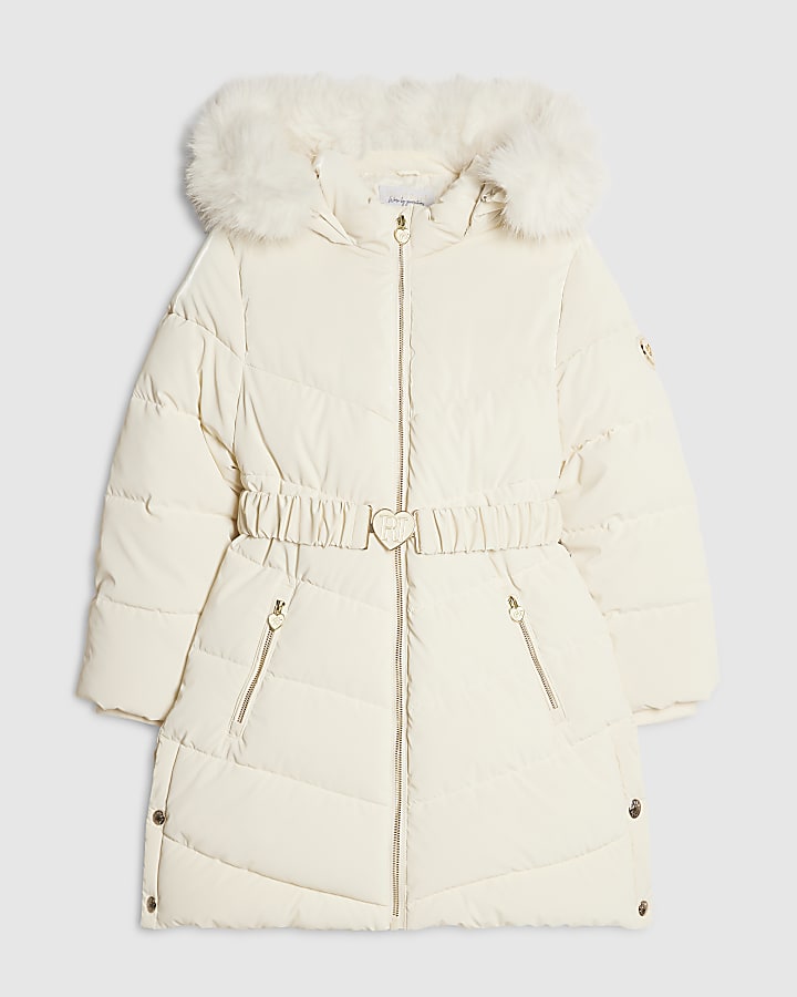 Girls Beige Velour Padded Coat
