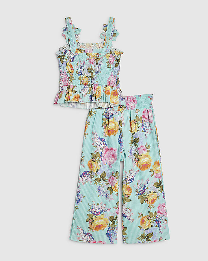 Mini Girls Blue Floral Trousers Set