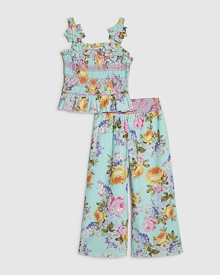 Mini Girls Blue Floral Trousers Set