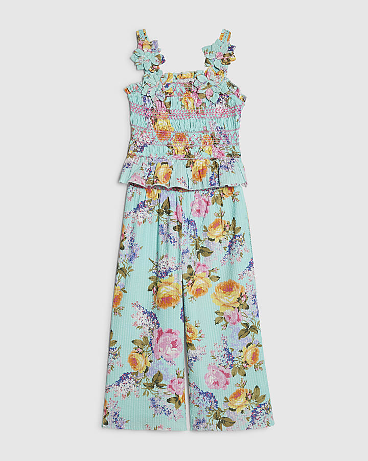 Mini Girls Blue Floral Trousers Set