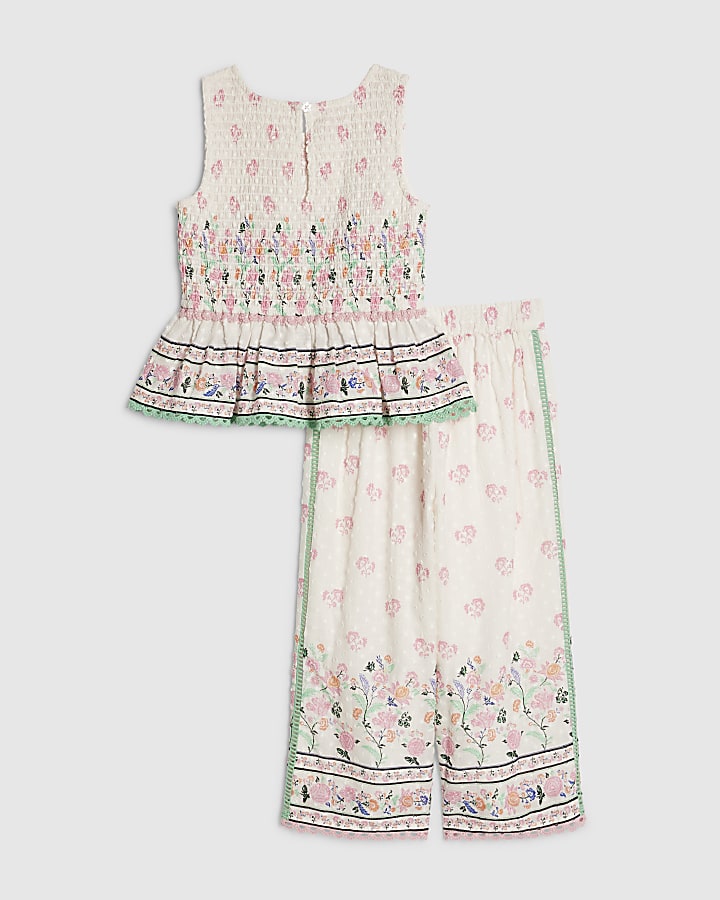 Mini Girls Cream Smock Top and Trouser Set