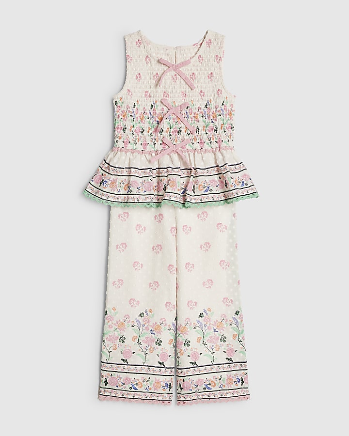 Mini Girls Cream Smock Top and Trouser Set