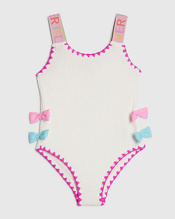 Mini Girls White Textured Bow Swimsuit