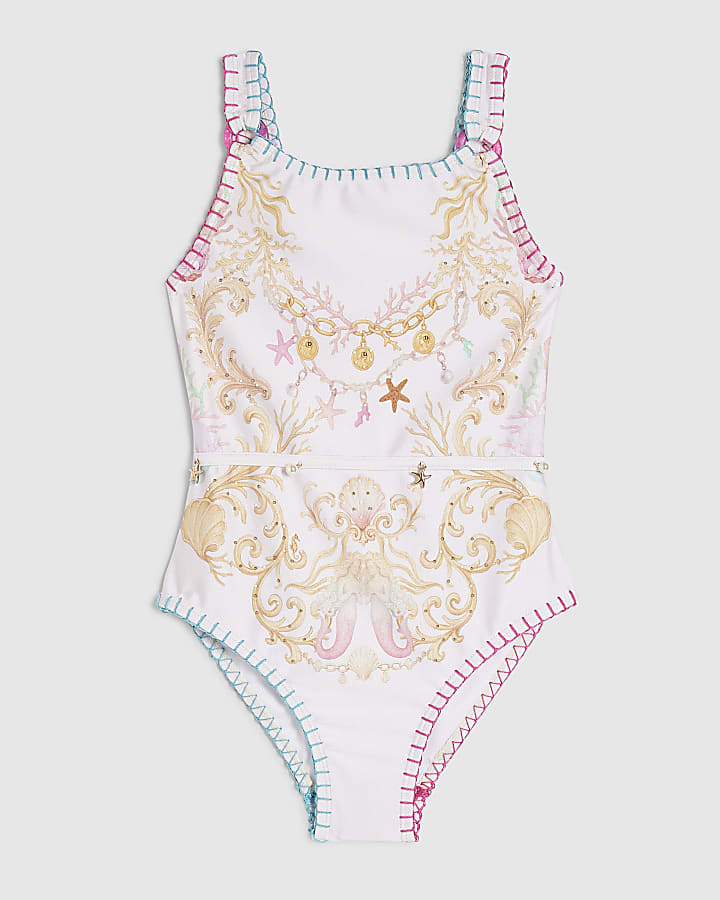 Girls Cream Sealife Chain Print Swimsuit