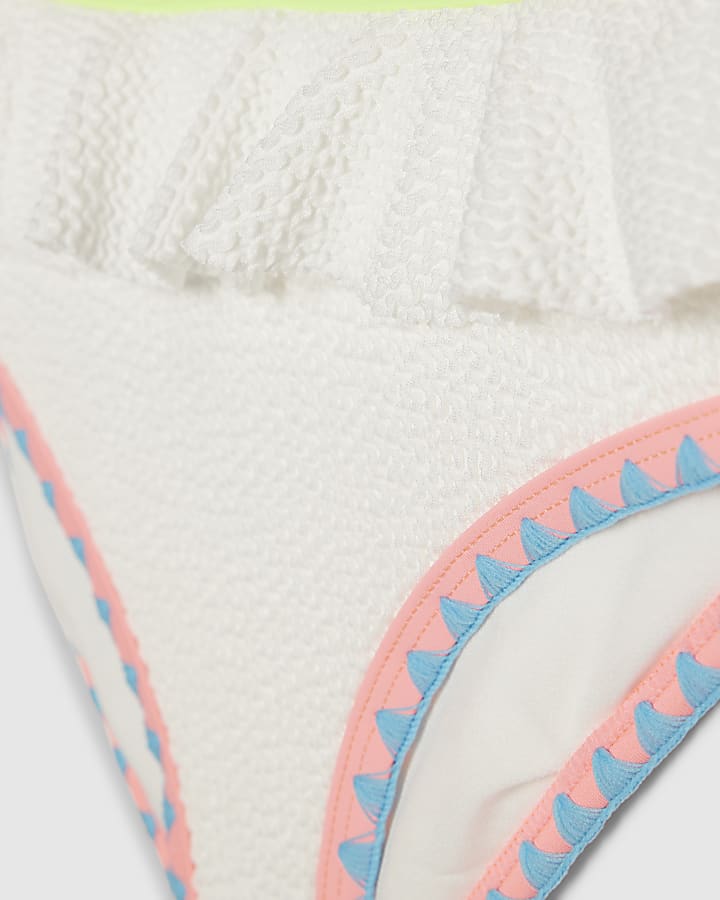 Girls White Asymmetric Neon Whipstitch Bikini