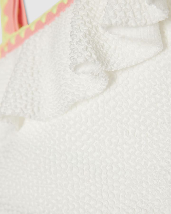 Girls White Asymmetric Neon Whipstitch Bikini