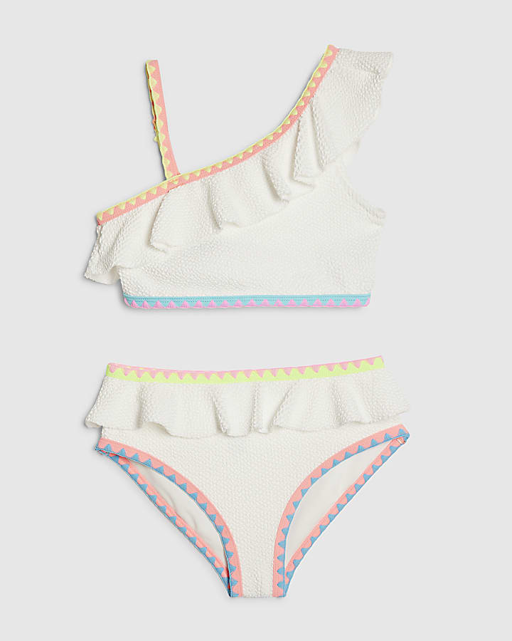 Girls White Asymmetric Neon Whipstitch Bikini