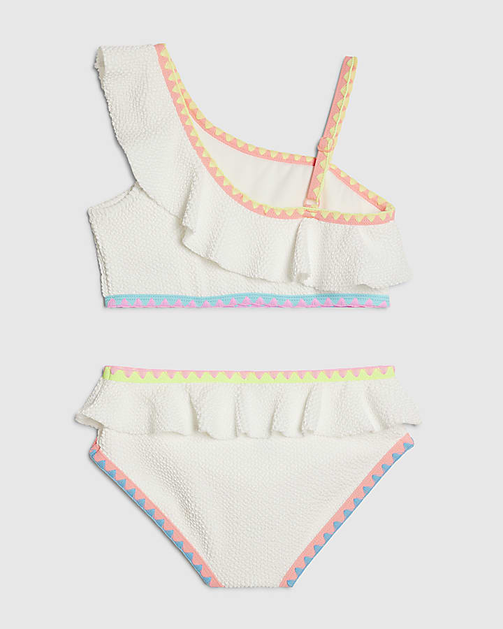 Girls White Asymmetric Neon Whipstitch Bikini