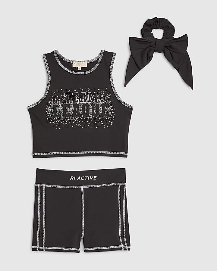 Girls Black Active Cheer Crop Top Bow Set