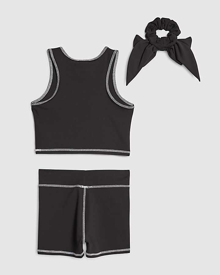 Girls Black Active Cheer Crop Top Bow Set