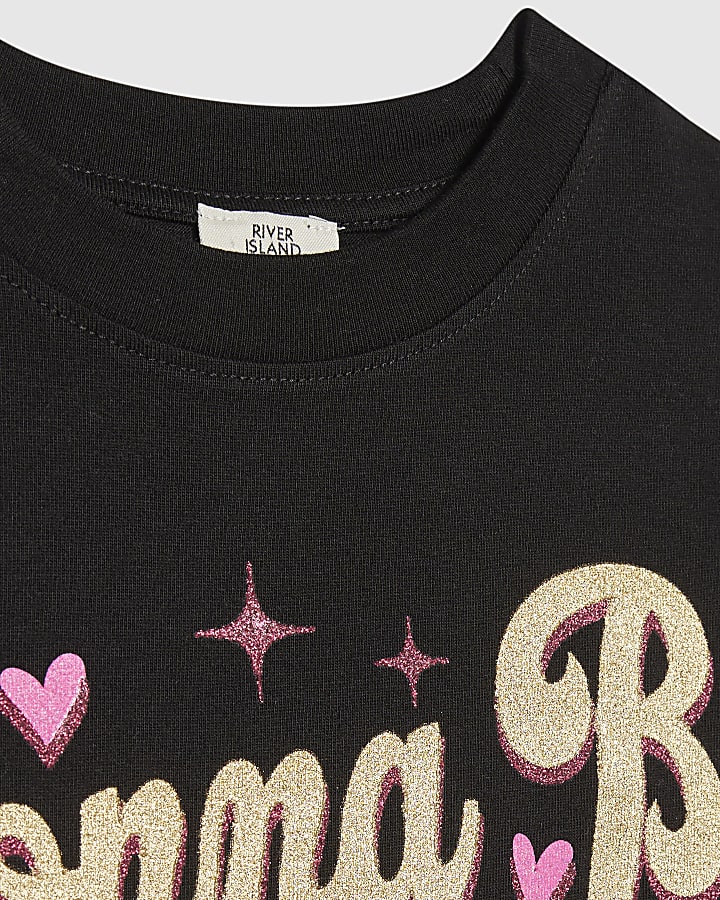 Girls Black Golden Foil Graphic Crop T-shirt