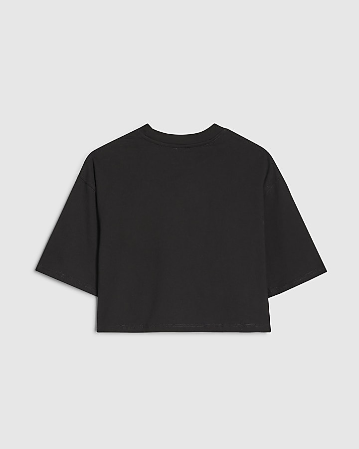 Girls Black Golden Foil Graphic Crop T-shirt