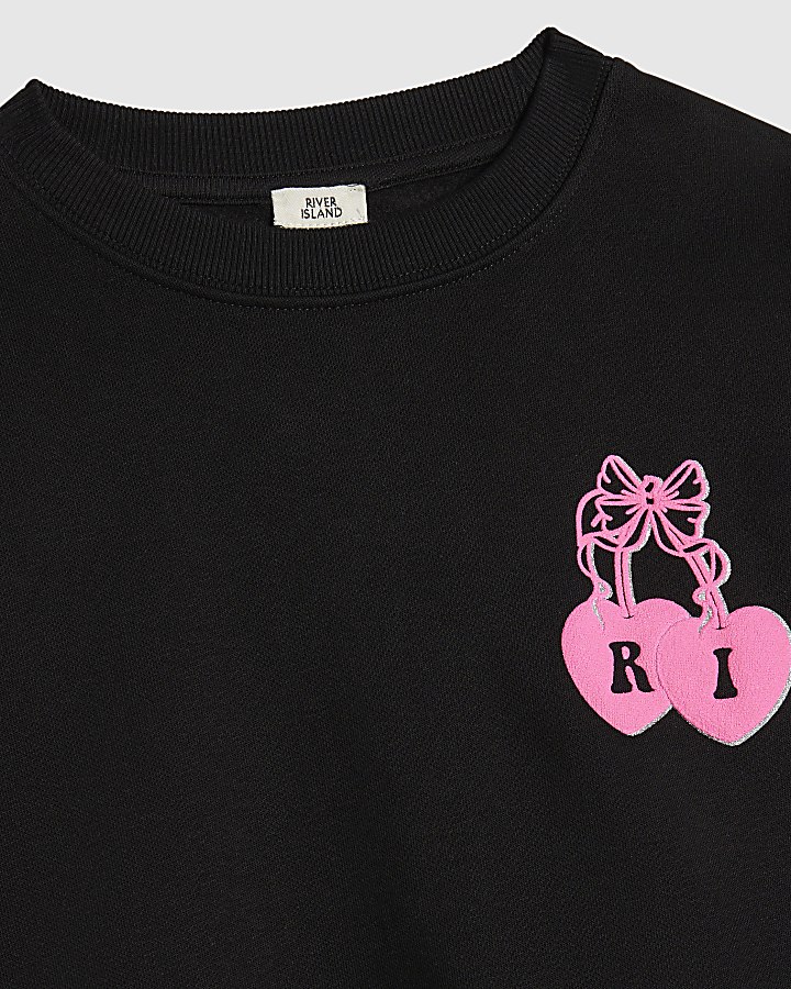 Girls Black RI Cherry Bow Sweatshirt Set