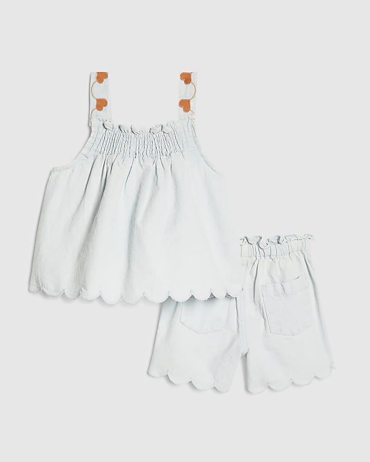 Mini Girls Blue Denim Heart Shorts Set