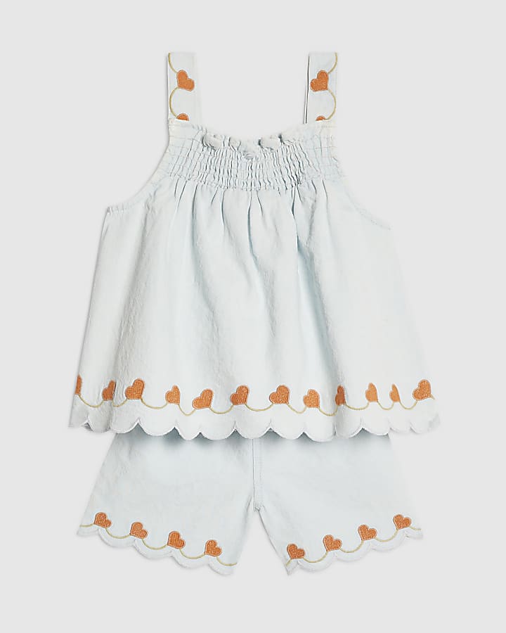 Mini Girls Blue Denim Heart Shorts Set