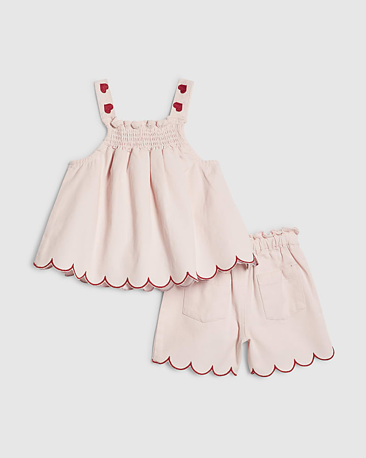 Mini Girls Pink Denim Heart Shorts Set