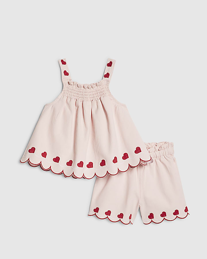 Mini Girls Pink Denim Heart Shorts Set