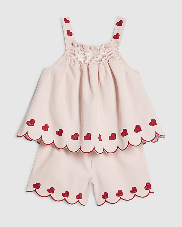 Mini Girls Pink Denim Heart Shorts Set