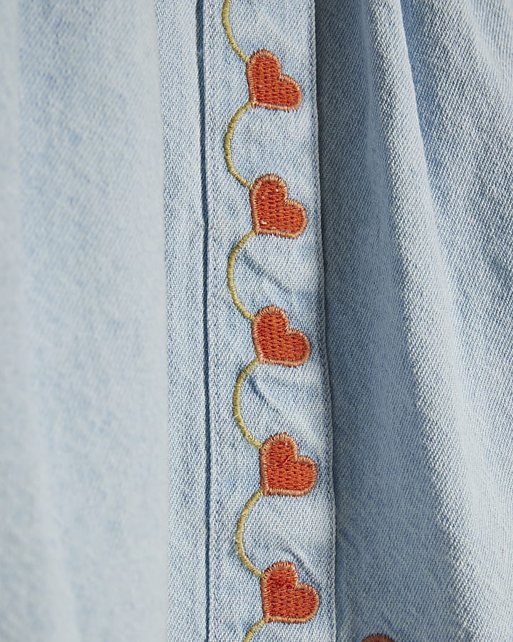 Mini Girls Blue Denim Heart Embroidered Dress