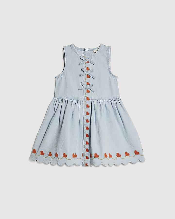 Mini Girls Blue Denim Heart Embroidered Dress