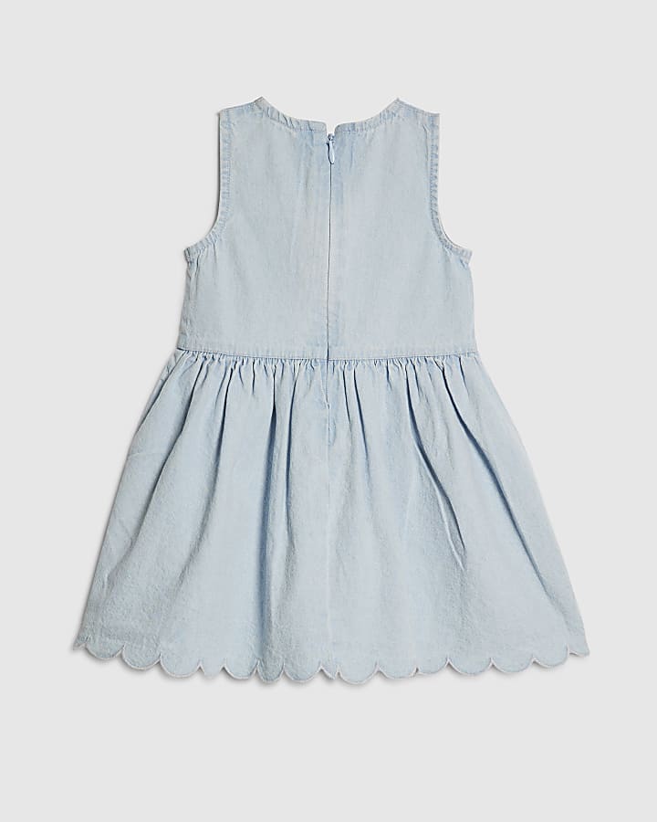 Mini Girls Blue Denim Heart Embroidered Dress