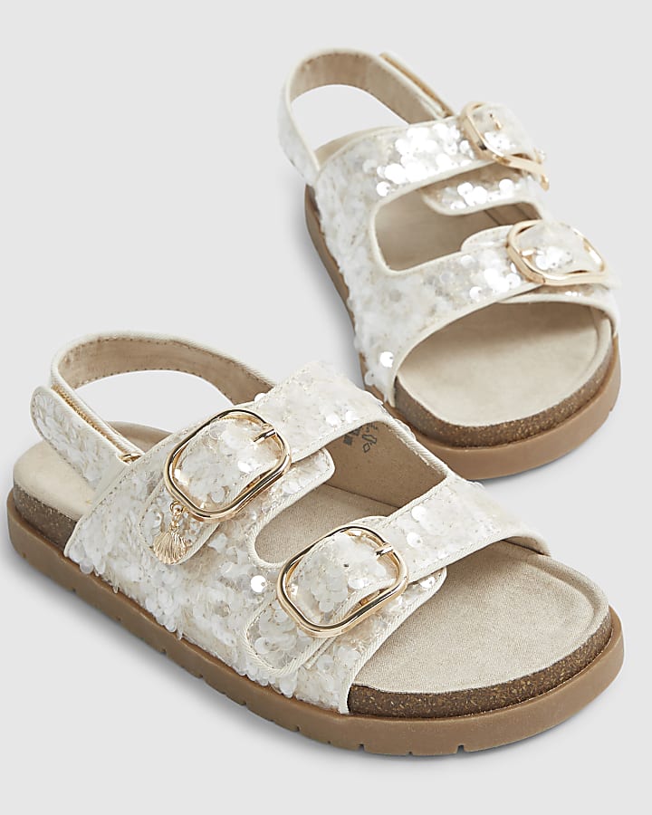 Girls Brown Sequin Charm Footbed Sandals