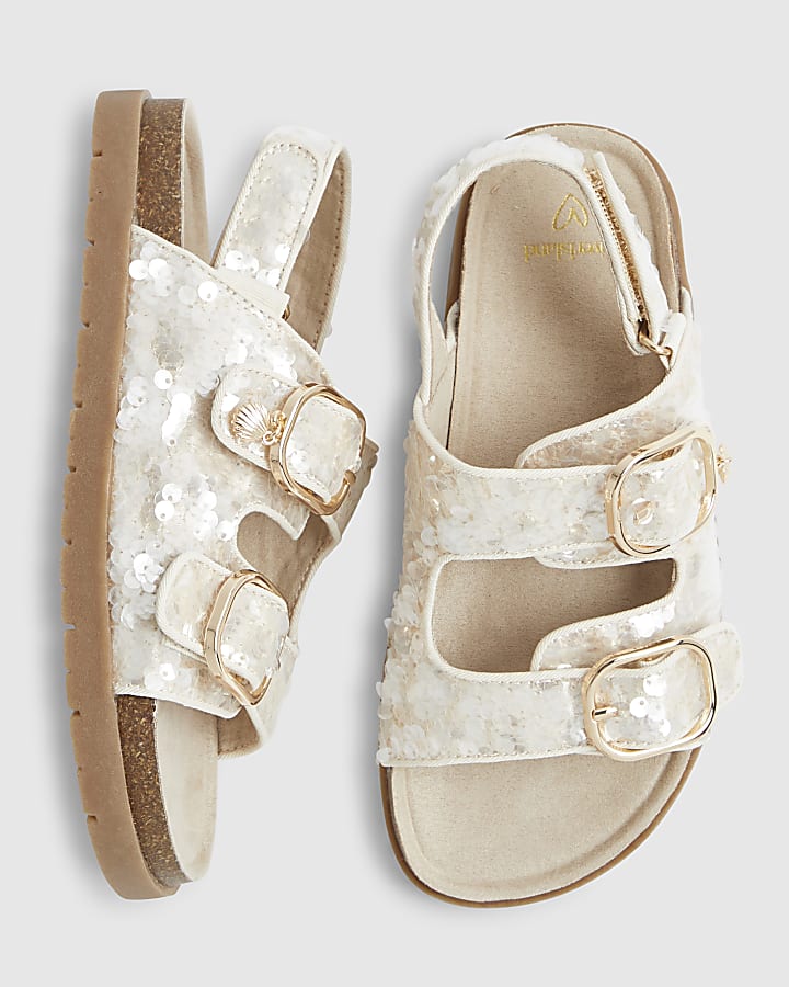 Girls Brown Sequin Charm Footbed Sandals