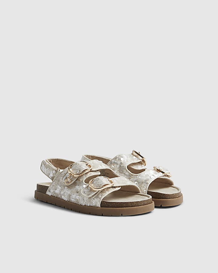 Girls Brown Sequin Charm Footbed Sandals