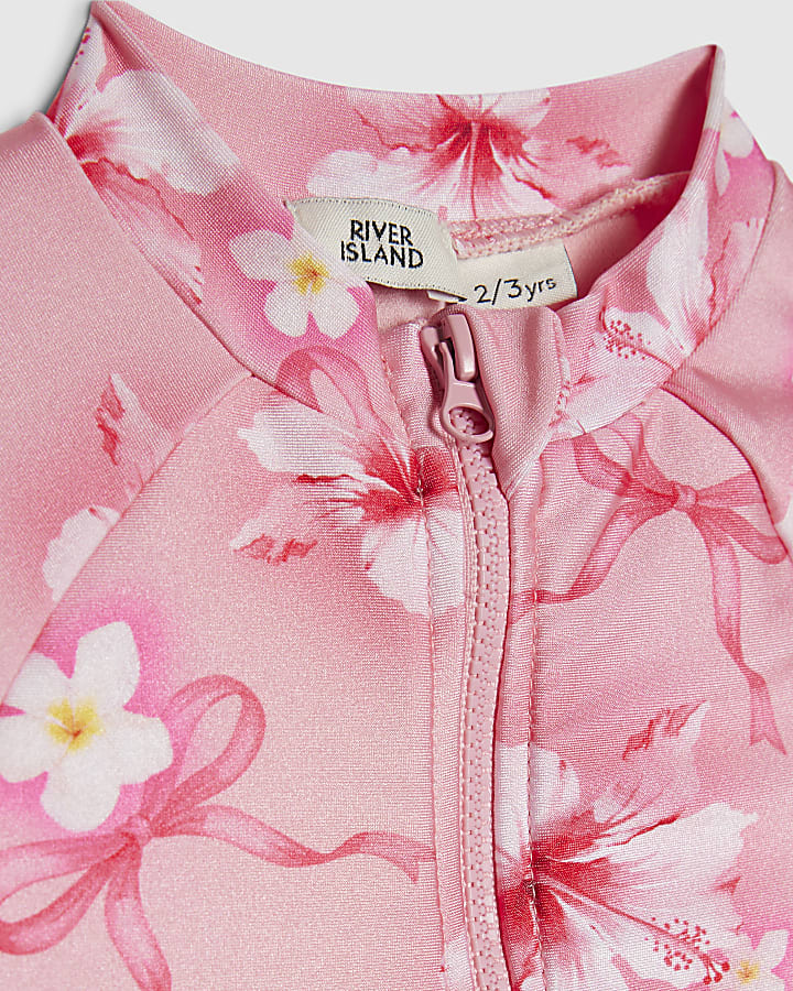 Mini Girls Pink Hibiscus Long Sleeve Swimsuit