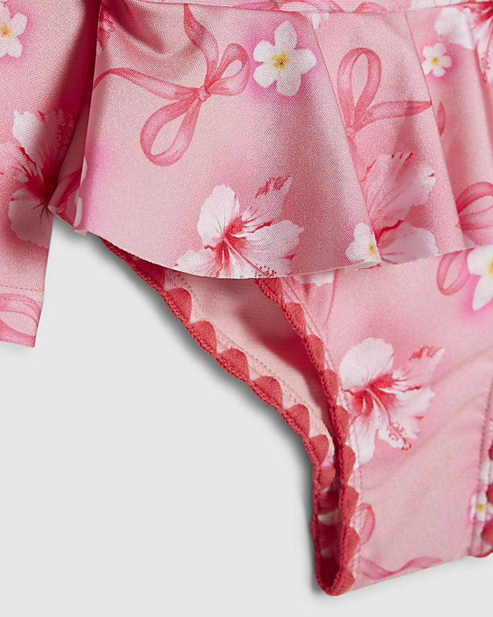 Mini Girls Pink Hibiscus Long Sleeve Swimsuit