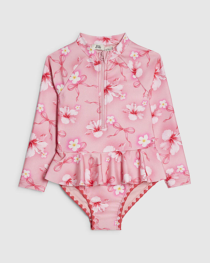 Mini Girls Pink Hibiscus Long Sleeve Swimsuit