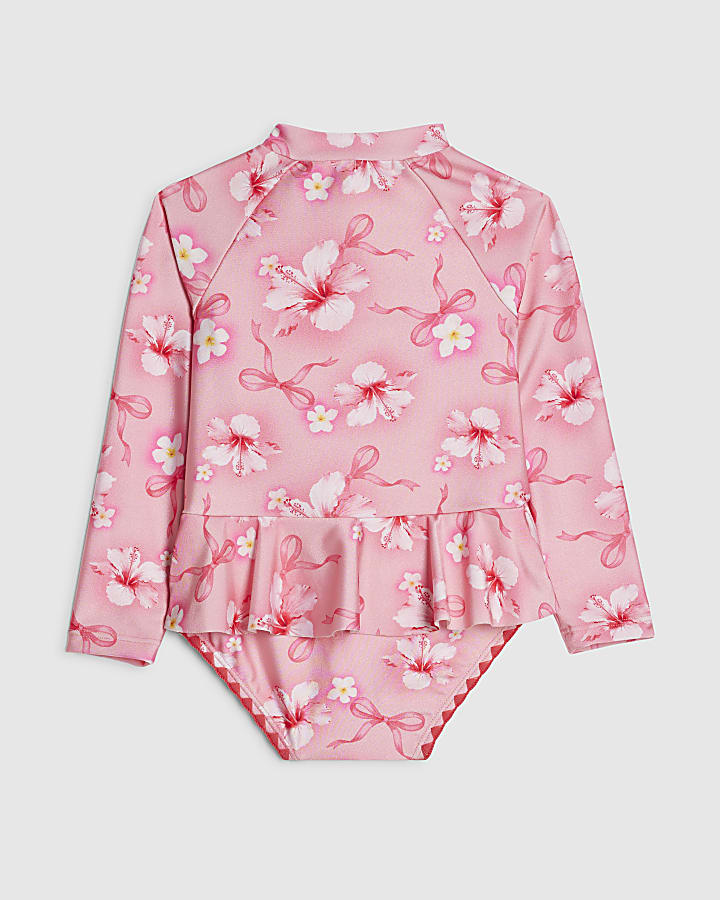 Mini Girls Pink Hibiscus Long Sleeve Swimsuit