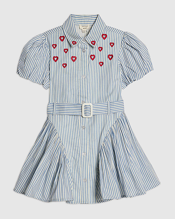 Mini Girls Blue Heart Stripe Shirt Dress