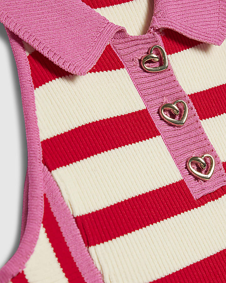 Girls Red Sleeveless Striped Dress