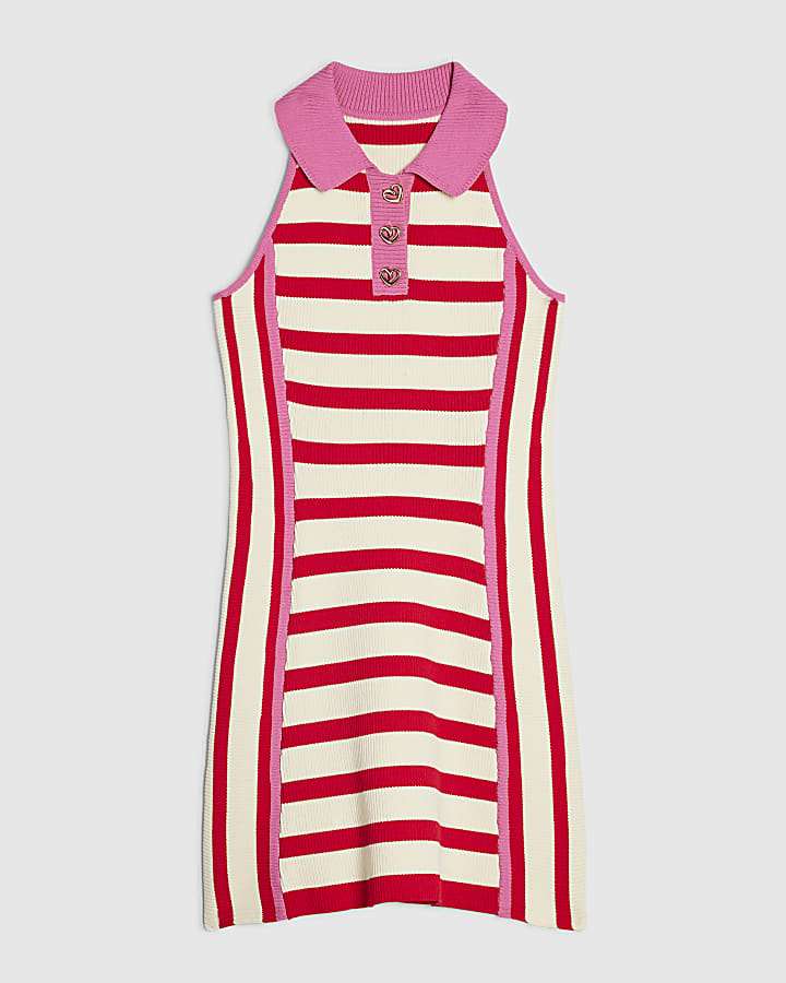 Girls Red Sleeveless Striped Dress
