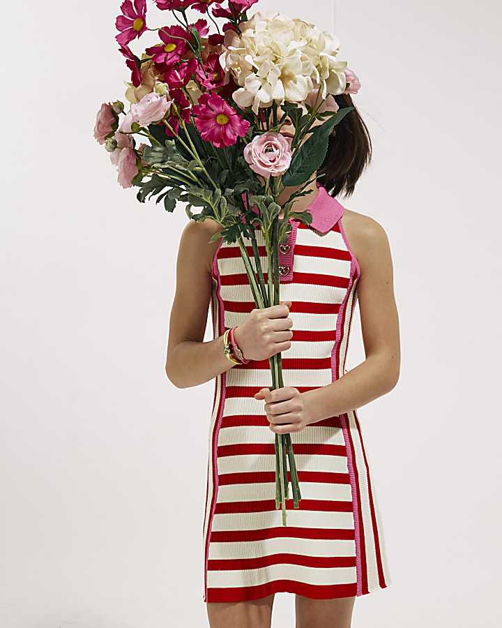 Girls Red Sleeveless Striped Dress