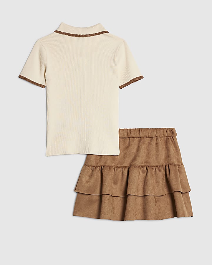 Girls Beige Faux Suede Skirt Set