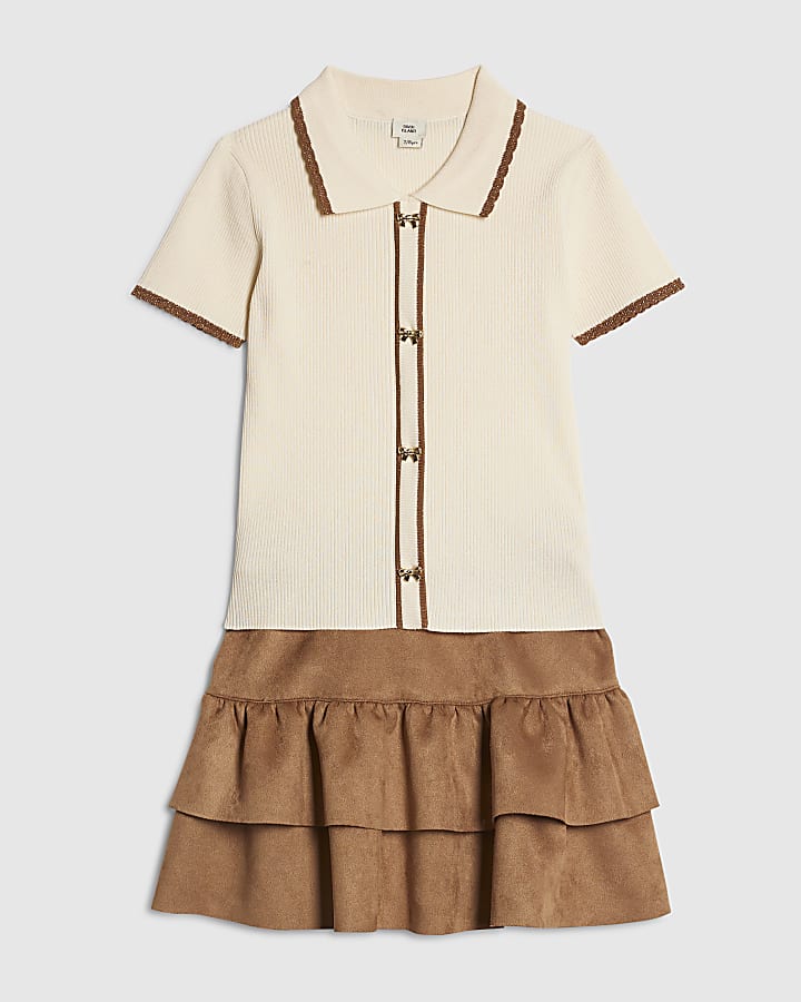 Girls Beige Faux Suede Skirt Set