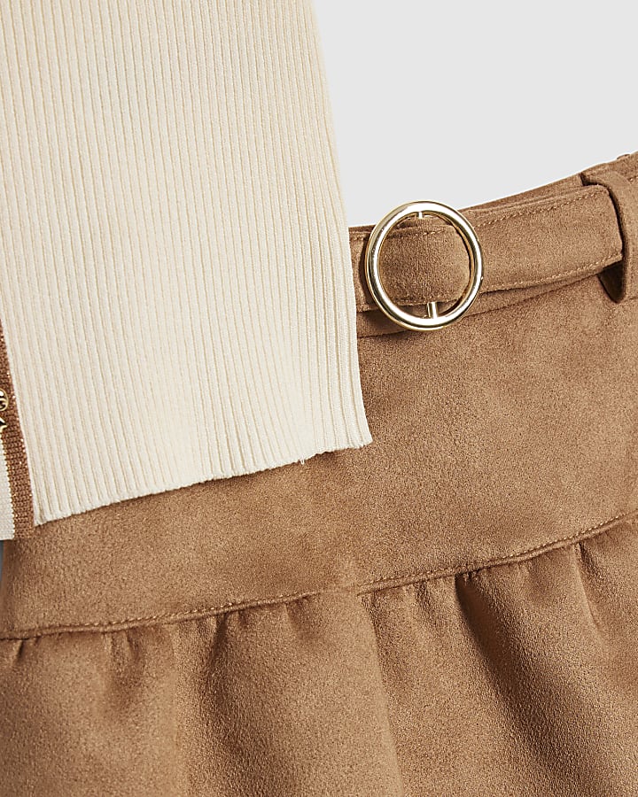 Mini Girls Beige Suede Skirt Set